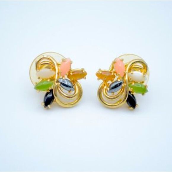 Stud Gold Tone Earrings with Central Motif of Colorful Gemstones. - Picture 1 of 3